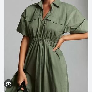 Maeve Anthropologie Size Medium Army Green Midi Utility Shirt Dress $178 MSRP
